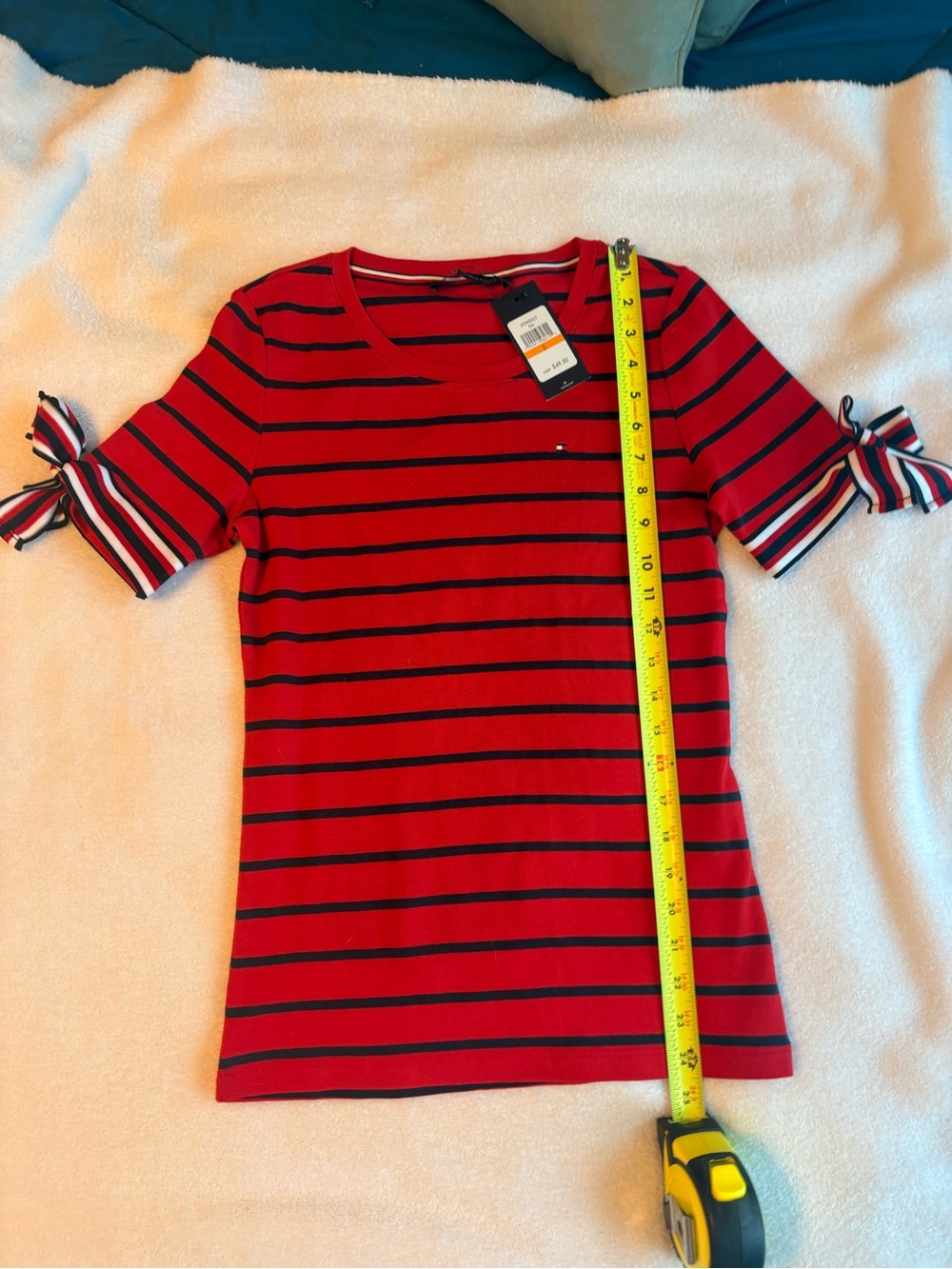 Tommy Hilfiger Red Navy Striped Short Sleeve Tie-Sleeve Tee